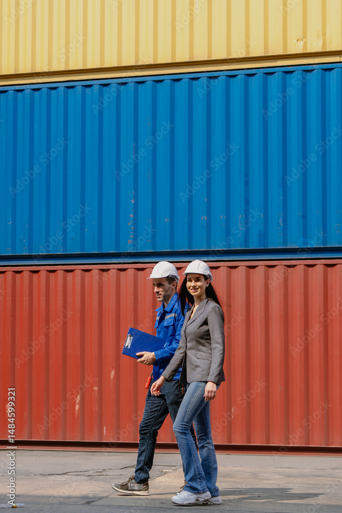Fototapeta premium Industrial engineer standing at shipping container yard inspecting cargo delivering loading as plan. Woman manager and diverse ethnic worker checking import export container at logistic terminal dock.