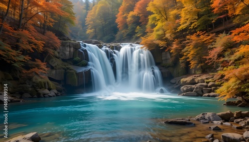 Beautiful Waterfall Flowing with Turquoise Water in Colorful Autumn Forest during Fall Season Showcasing Nature’s Stunning Beauty