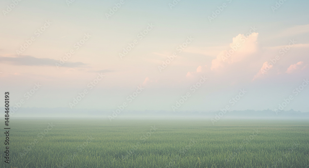 Fototapeta premium Tranquil landscape of green field under a soft pastel sky perfect for a website background