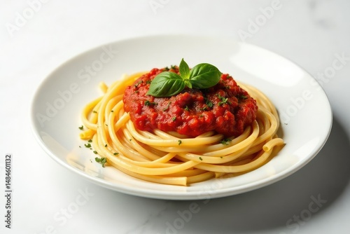 Plate of pasta with tomato sauce, herbs on white background , delicious, herbs, pasta