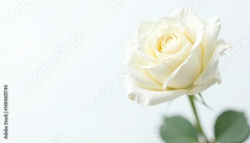 Single, perfect white rose bloom against a bright white background, element, wedding, design