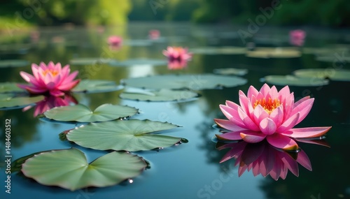 Water lilies create floral pattern across still lake, peaceful, waterlily