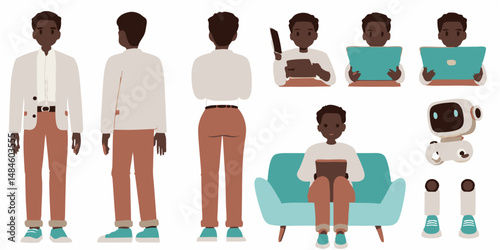 Diverse Character Illustration Set: A versatile illustration set featuring a modern, stylish African-American man in various poses and scenarios, perfect for web design, marketing materials.