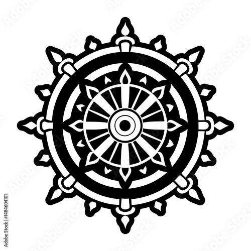 A glyph style icon of dharma wheel