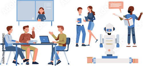 Digital Collaboration: Modern workplace with diverse scenes, depicting teamwork, a smart robot, education, and a lively work environment, suggesting progress and innovation
