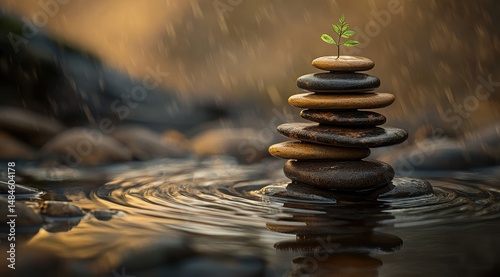 Wallpaper Mural A tiny sprout atop a balanced rock cairn in a tranquil rain-soaked stream Torontodigital.ca
