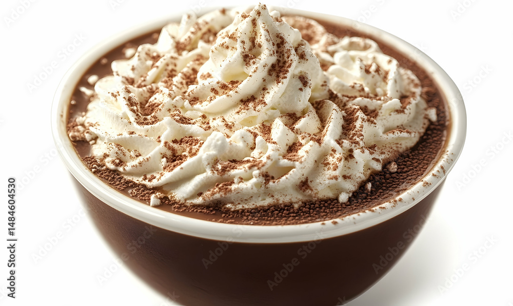 Delicious chocolate dessert with whipped cream and cocoa powder in a bowl Delicious chocolate dessert with whipped cream and cocoa powder in a bowl