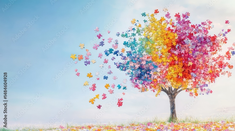 Fototapeta premium A tree grows from scattered puzzle pieces, with each branch made of different vibrant colors