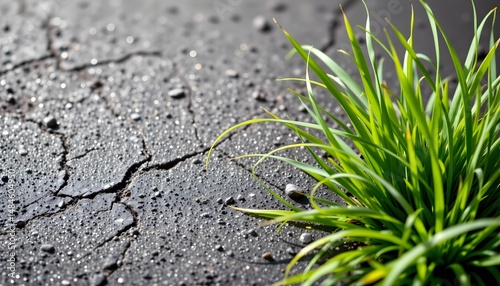 a single wheat plant sprouting from cracks in an asphalt surface.
