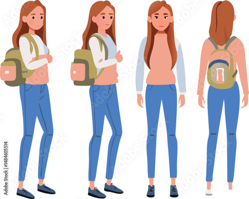 Backpack on Girl: a college girl in a stylish fashion with a backpack ready to pursue the dreams. Capturing a sense of ambition and excitement for the future.