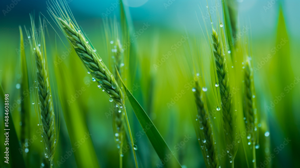 Obraz premium Close-up view of dew-kissed wheat spikes glistening in the early morning sunlight in a lush field