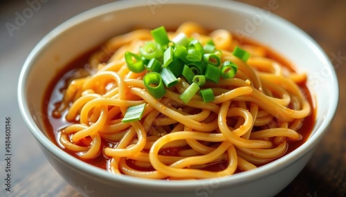 Fototapeta Naklejka Na Ścianę i Meble -  Close-up of noodles in a white bowl, soy sauce, scallions, scallions, gastronomy