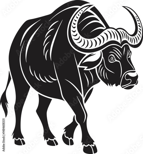 black and white illustration of a white buffalo