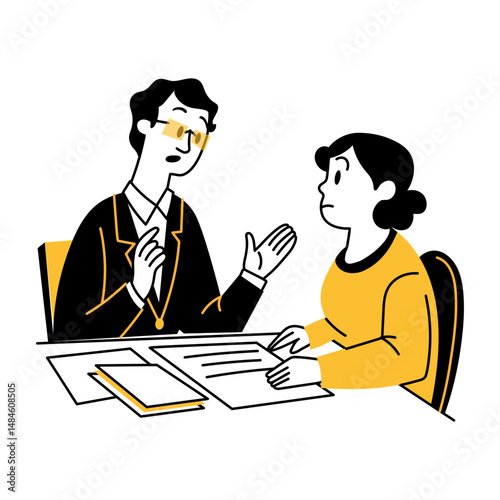 A character listening lawyer advice, hand drawn illustration 

