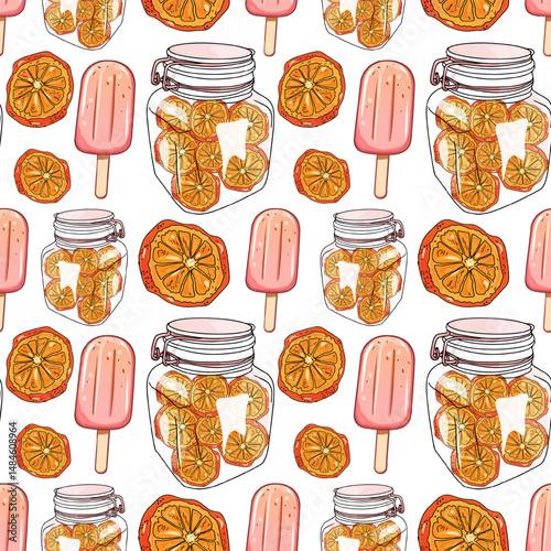 Seamless vector pattern with citrus jars, dried orange slices, and fruit popsicles on a white background