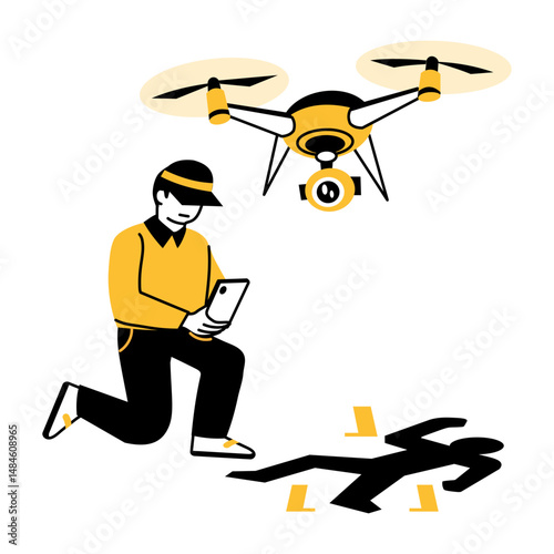 A character investigating the murder scene, hand drawn illustration 
