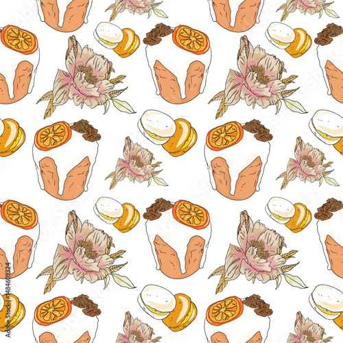 Seamless vector pattern with breakfast items including bread, boiled eggs, citrus slices, coffee, and hand drawn flowers on a white background