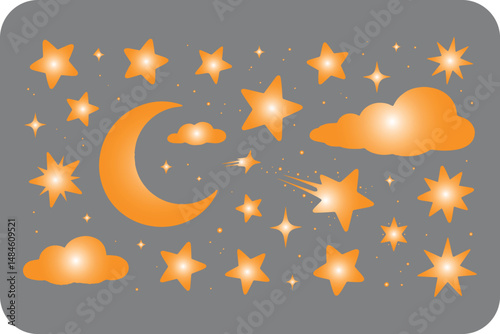 Orange Crescent Moon Stars Clouds Night Sky Design Illustration