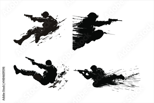 military training combat, silhouette, soldier, gun, military, rifle, war, vector, army, illustration, weapon, sniper, armed, warrior, people, black, person, music, shooter, woman, sport, shoot