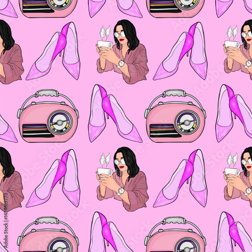 Seamless vector pattern with girl holding coffee, pink high heels, and a retro vinyl record player on a pastel pink background