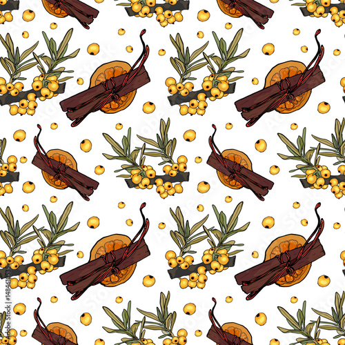Seamless vector pattern with sea buckthorn berries, cinnamon sticks, and dried orange slices on a white background