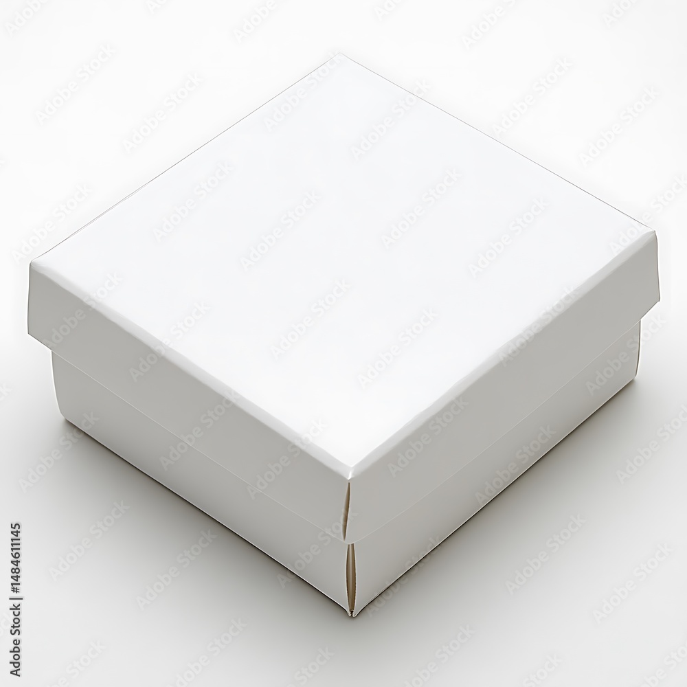 Fototapeta premium An overhead view shows a closed white square box with lid