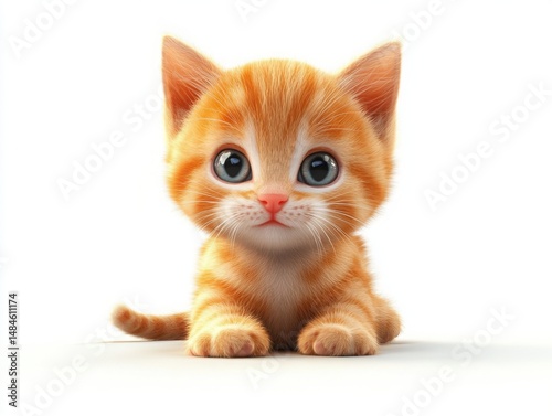 Cute cartoon cat with big eyes and fluffy fur on a pristine white background in stunning 3D style