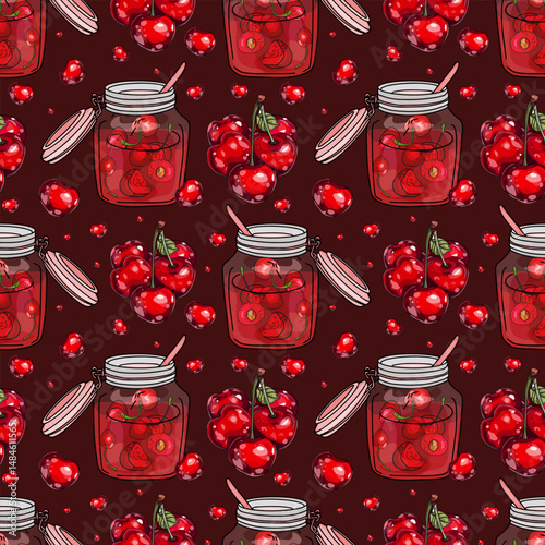 Seamless vector pattern with glass jars of cherry jam, fresh cherries, and metal spoons on a deep red background