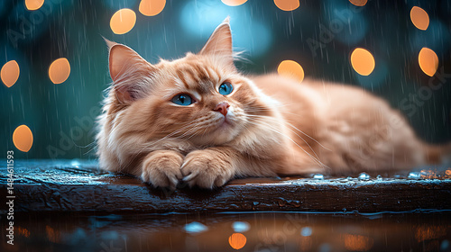 Ragdoll cat resting on a raised wooden plank above soft floodwater during a light downpour 