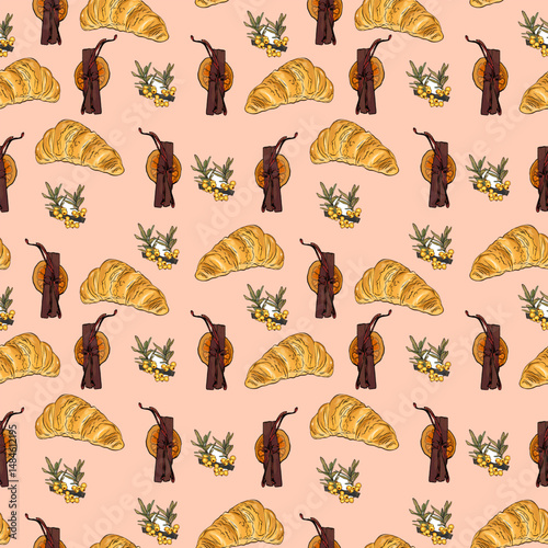 Seamless vector pattern with croissants, cinnamon sticks, and sea buckthorn sprigs on a soft peach background
