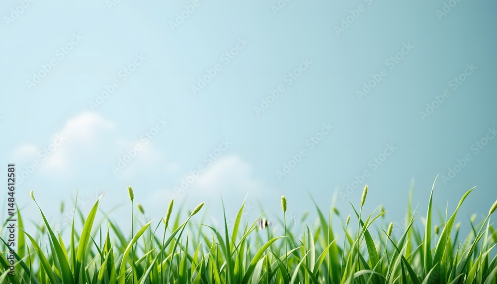Fototapeta premium an expansive view of a vibrant green field, dotted with lush grass under a clear blue sky