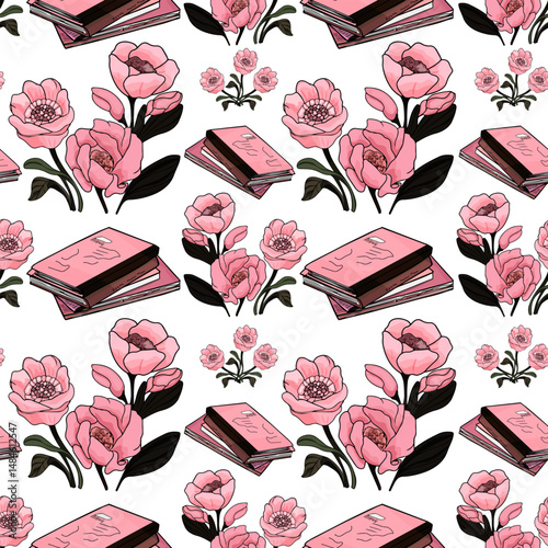 Seamless Pattern with Books and Pink Roses. Vintage Books and Floral Pattern Design