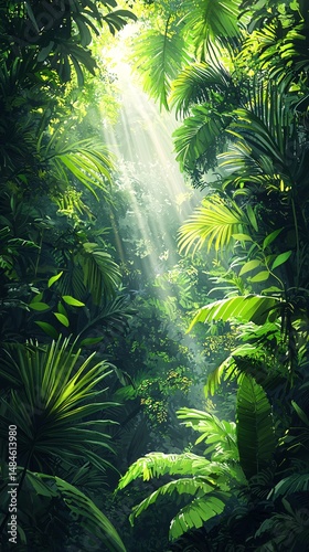 Sunlight penetrates the dense jungle