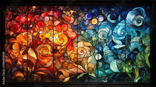 An intricate stained glass window depicting a scene of fantastical creatures and swirling abstract designs in rich colors