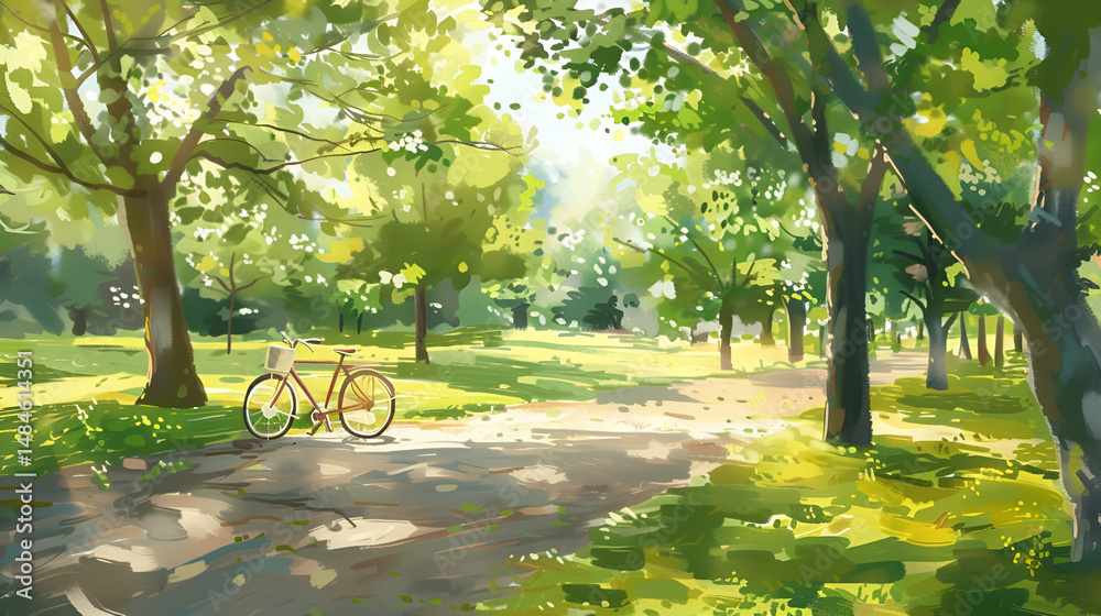 Obraz premium A bicycle parked in a sunlit park with green trees and a winding path on a bright summer day scene