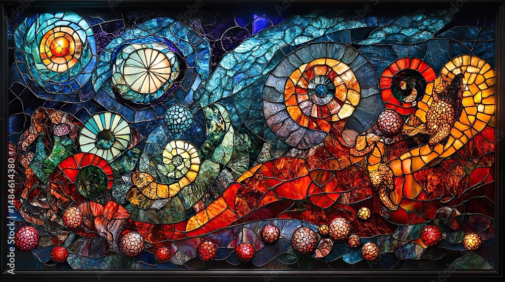 Obraz premium An intricate stained glass window depicting a scene of fantastical creatures and swirling abstract designs in rich colors