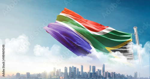 South Africa national flag waving with skyline and buildings. South Africa national flag for independence day.