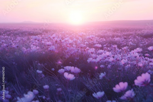 purple flower field stretching to the horizon, illuminated by afternoon light photo