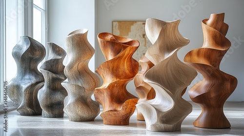 Asymmetrical arrangements of organic forms create a sense of dynamic tension, their unbalanced composition evoking a feeling of movement and change, an artistic exploration of imbalance