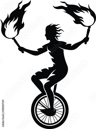Performer riding a unicycle while juggling torches that are lit with flames silhouette, performer riding a unicycle while juggling torches that are lit with flames line art vector icon design