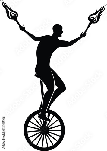 Performer riding a unicycle while juggling torches that are lit with flames silhouette, performer riding a unicycle while juggling torches that are lit with flames line art vector icon design