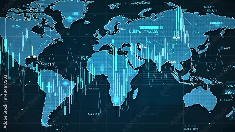 Global financial data visualization featuring a stylized world map and ...