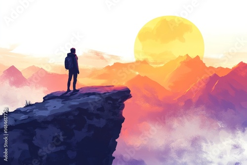 serene adventurer at mountain viewpoint at daybreak isolate on white background