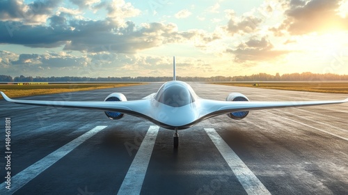 Futuristic Airplane on Runway at Sunrise