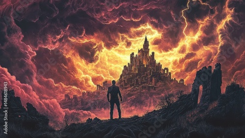 A dramatic illustration of a lone warrior facing a fiery apocalyptic city beneath storm-filled skies, symbolizing reckoning, fallen kingdoms, and the last stand of a recreant soul