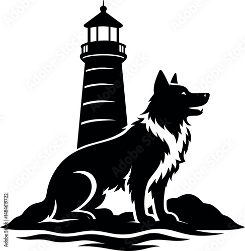 Lighthouse and Dog vector black silhouette print design