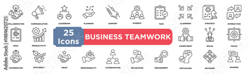 Business Teamwork icon collection set. Containing collaboration,communication,cooperation,leadership,efficiency,planning,trust,responsibility,support,synergy,goal icon. Simple line vector.