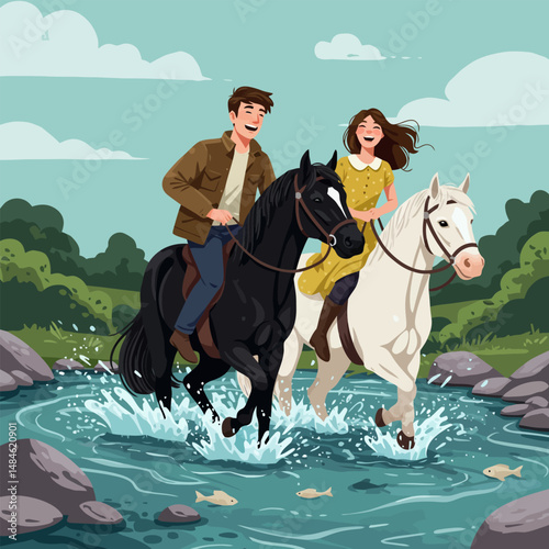 Couple Riding Horses Through River Enjoying Nature and Recreation Together