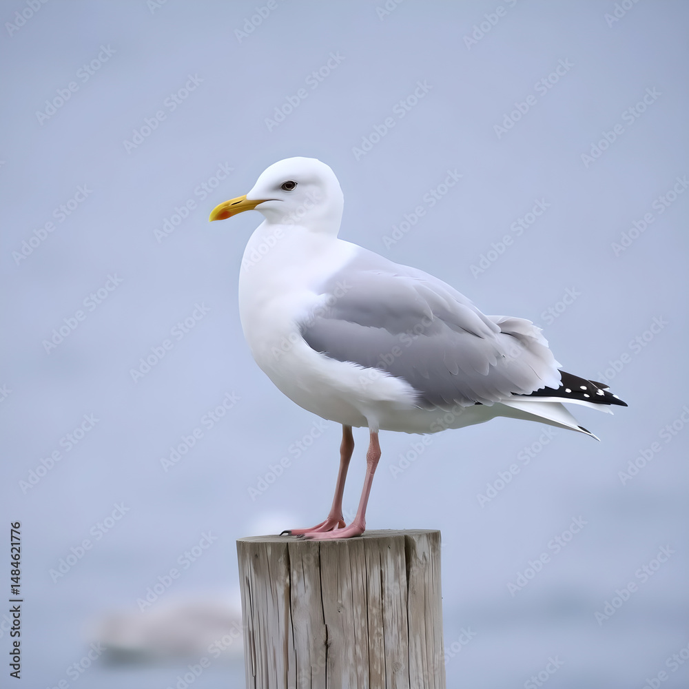 Gaviota americana posada sobre un poste de madera envejecido Gaviota americana posada sobre un poste de madera envejecido