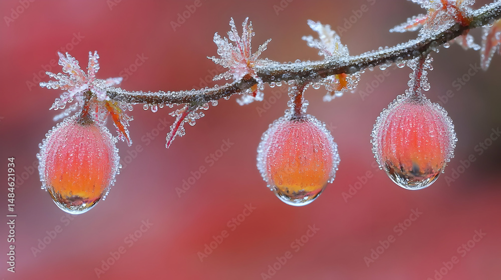 Frosted fruit on branch with red background Frosted fruit on branch with red background